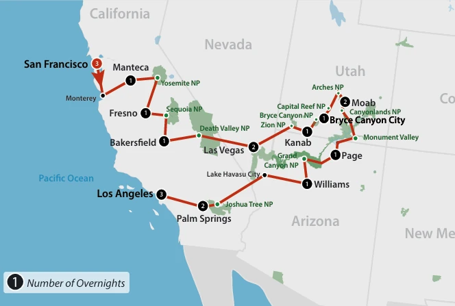 Explore the West USA Tour route map