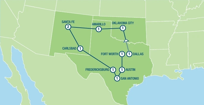 Route 66 and Texas Hill Country USA Tour route map