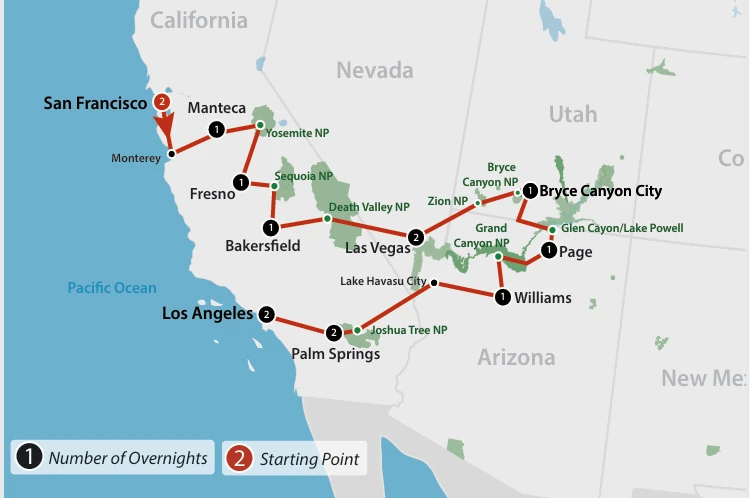 Western Highlights USA Tour route map